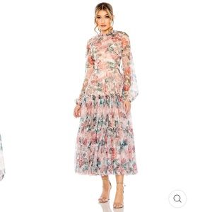MAC DUGGAL high neck balloon sleeve floral chiffon midi dress $598 NWT